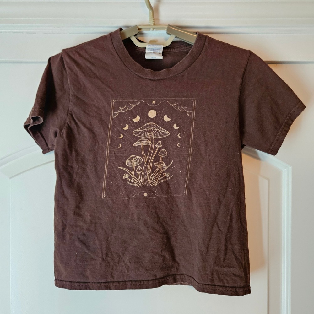 Vintage Chocolate Brown Mushroom Graphic T-Shirt Size Small Celestial Y2K